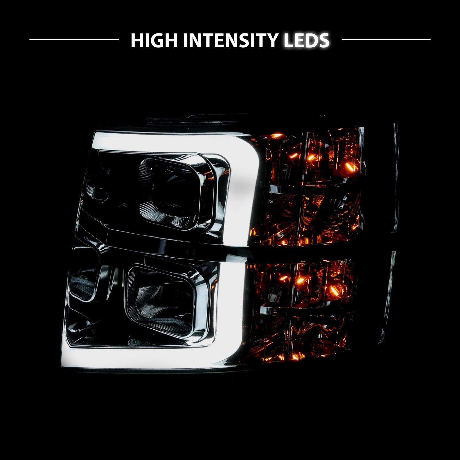 AmeriLite For 2007-2013 Chevy Silverado 1500/07-14 Silverado 2500HD 3500HD LED Tube Chrome Square Projector Headlights Set - Passenger and Driver Side