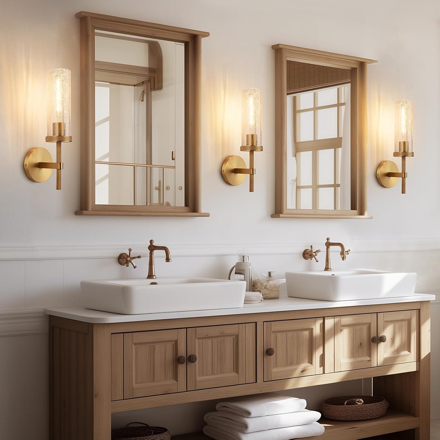 15' Knurled Brass Wall Sconce with Crackle Glass Tube, Gold Bathroom Vanity Light Fixtures, Modern Lamp Lighting for Bedroom, Living Room, Hallway, Staircase, Mirror, Kitchen