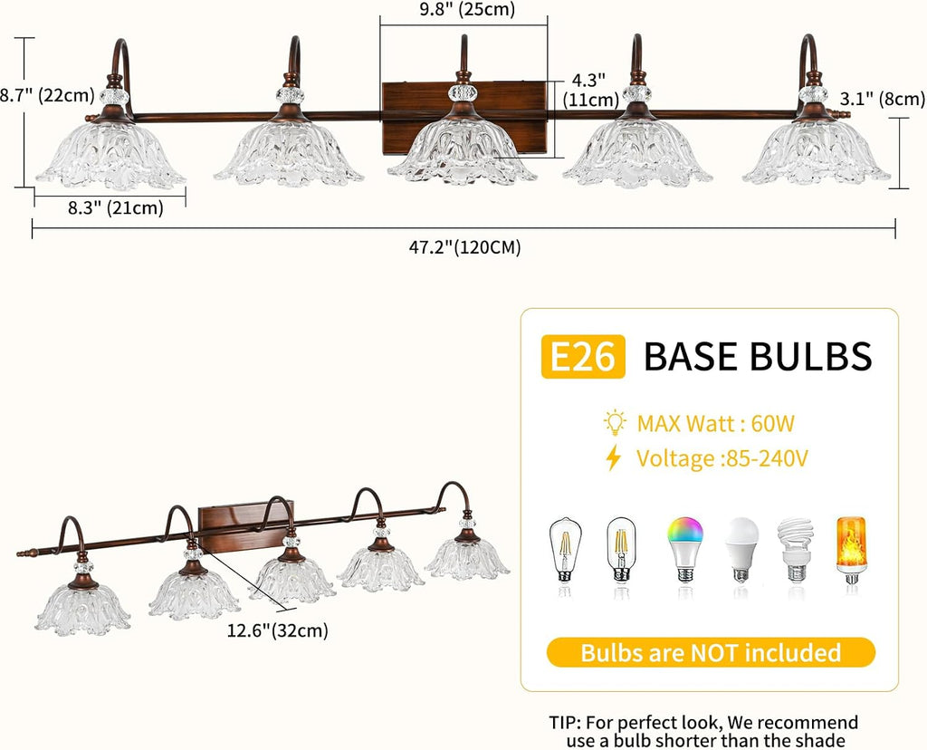 5-Light Antique Red Bronze Finish Bathroom Vanity Light, Vintage Vanity Light with Floral Clear Glass Shades, Retro Wall Mount Lighting for Bathroom, Dressing Table