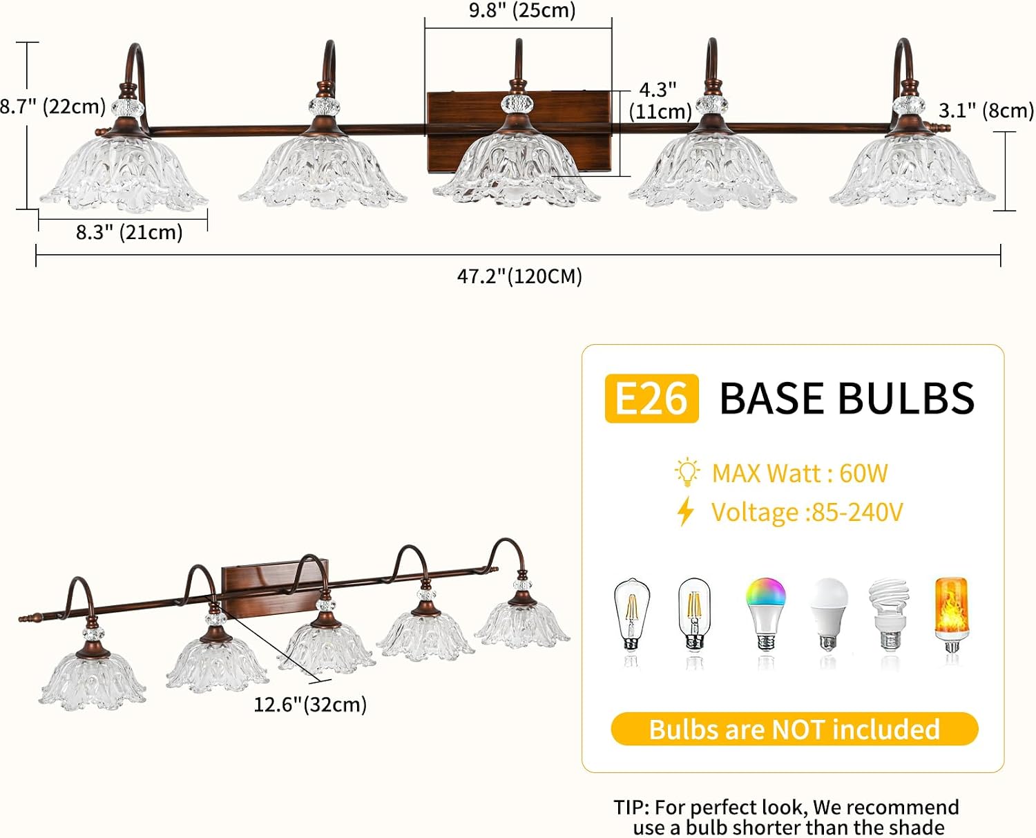 5-Light Antique Red Bronze Finish Bathroom Vanity Light, Vintage Vanity Light with Floral Clear Glass Shades, Retro Wall Mount Lighting for Bathroom, Dressing Table