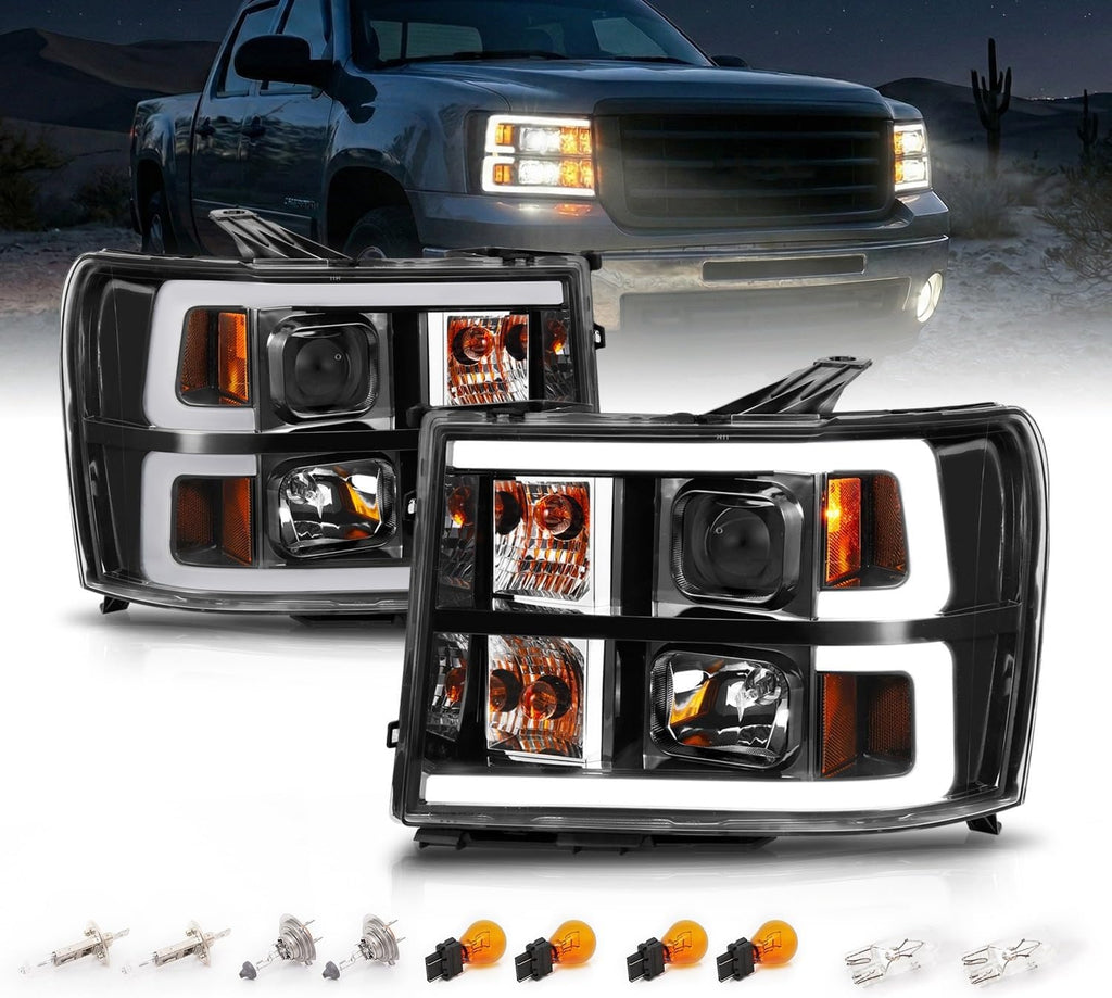 AmeriLite for 2007-2014 GMC Sierra 1500 2500 3500 Dual C-Type LED Tube Square Projector Black Replacement Headlight Pair - Passenger and Driver Side