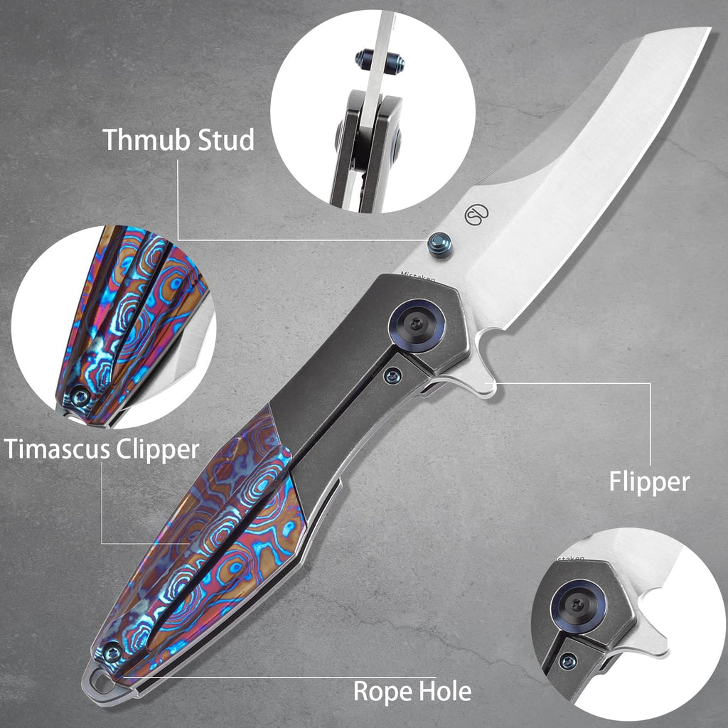 KANSEPT Mistaken Folding Knives for Men EDC Camping Pocket Folding Knife 3.58'' Satin CPM 20CV Blade with Blackwash Titanium Timascus Timascus Clip Handle Everyday Carry K1053A3