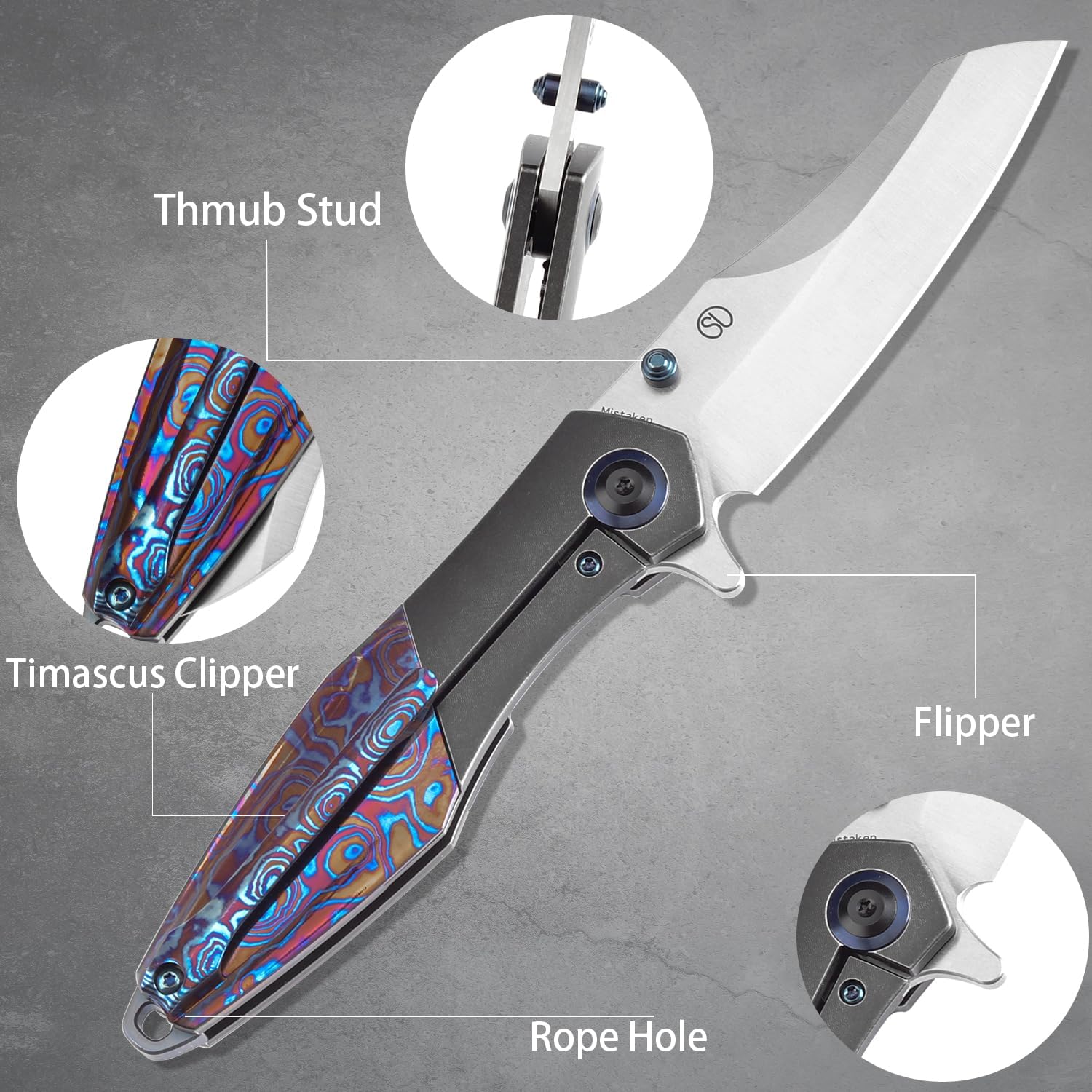 KANSEPT Mistaken Folding Knives for Men EDC Camping Pocket Folding Knife 3.58'' Satin CPM 20CV Blade with Blackwash Titanium Timascus Timascus Clip Handle Everyday Carry K1053A3
