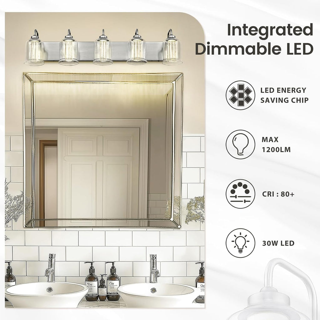 zeyu 30W Dimmable Bathroom Lighting, 5 Light LED Bathroom Wall Lights with 5 Color Modes, Brushed Nickel Finish with Crystal Bubble and Clear Glass, ZSL72B-5W LED BN
