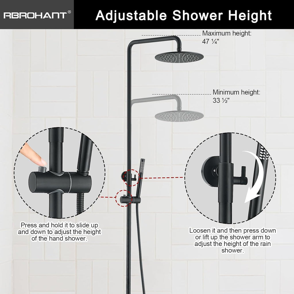 RBROHANT Exposed Shower System with Tub Spout, Matte Black Exposed Pipe Shower Faucet with 3 Functions Brass Shower Valve, Shower Height Adjustable, Wall Mounted