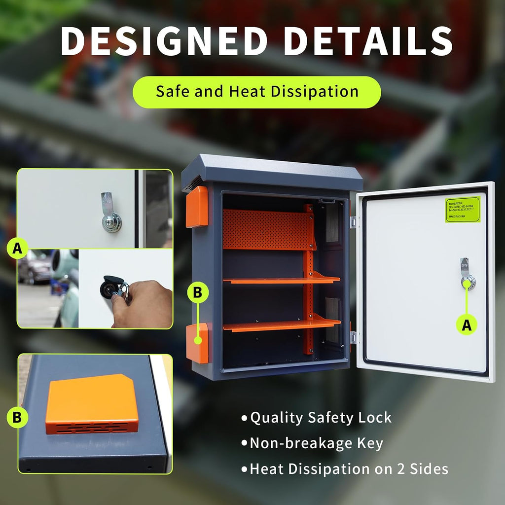 Outdoor Electrical Enclosure Nema Box with Rain Hood Weatherproof Box for Electronics Junction Box with Fan Vented, Electrical Cabinet with Mounting Track Hole in Back 16X20X8