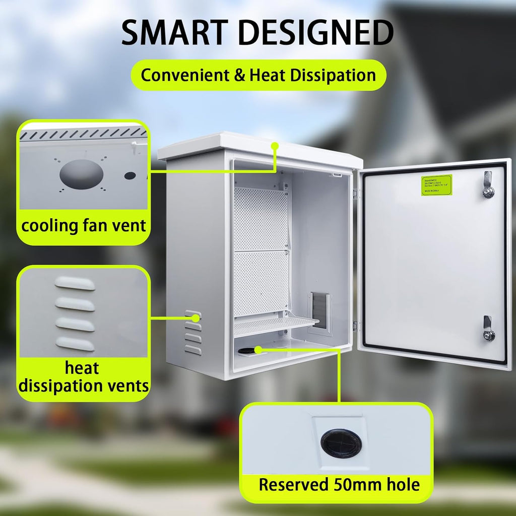 Metal Nema Enclosure with Rain Hood Weatherproof Junction Electric Breaker Box with Fan-Vent Design Electrical Cabinet with Mounting Track Hole in Back 20X24X12