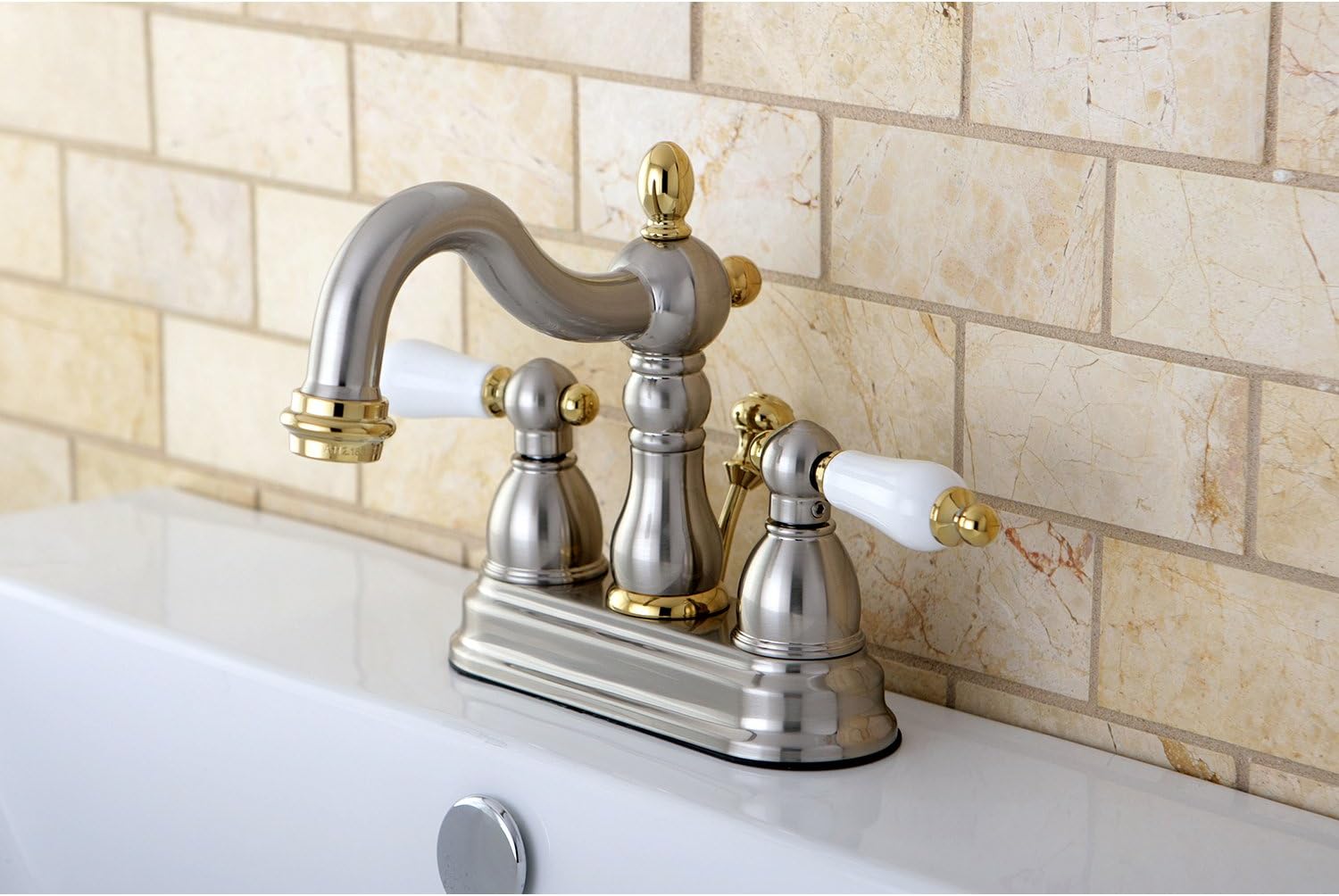 Kingston Brass KB1609PL Heritage 4-Inch Centerset Lavatory Faucet with Porcelain Lever Handle, Brushed Nickel and Polished Brass