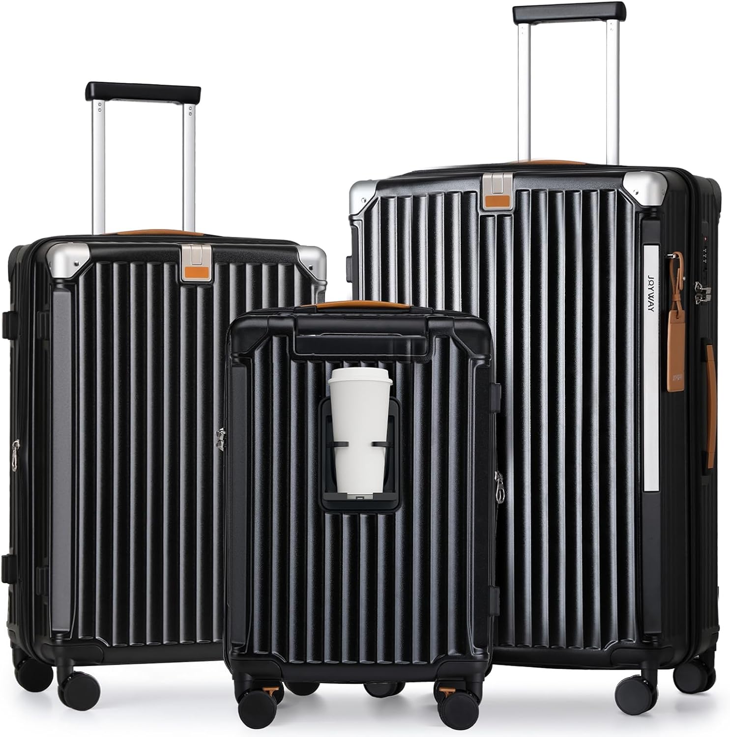 Joyway 3 Piece Set Hardside Expandable Luggage with USB Charging Port and Cup Holder, TSA Lock Spinner Wheels Suitcase for International Travel, Lightweight Carry On Checked Baggage, Black