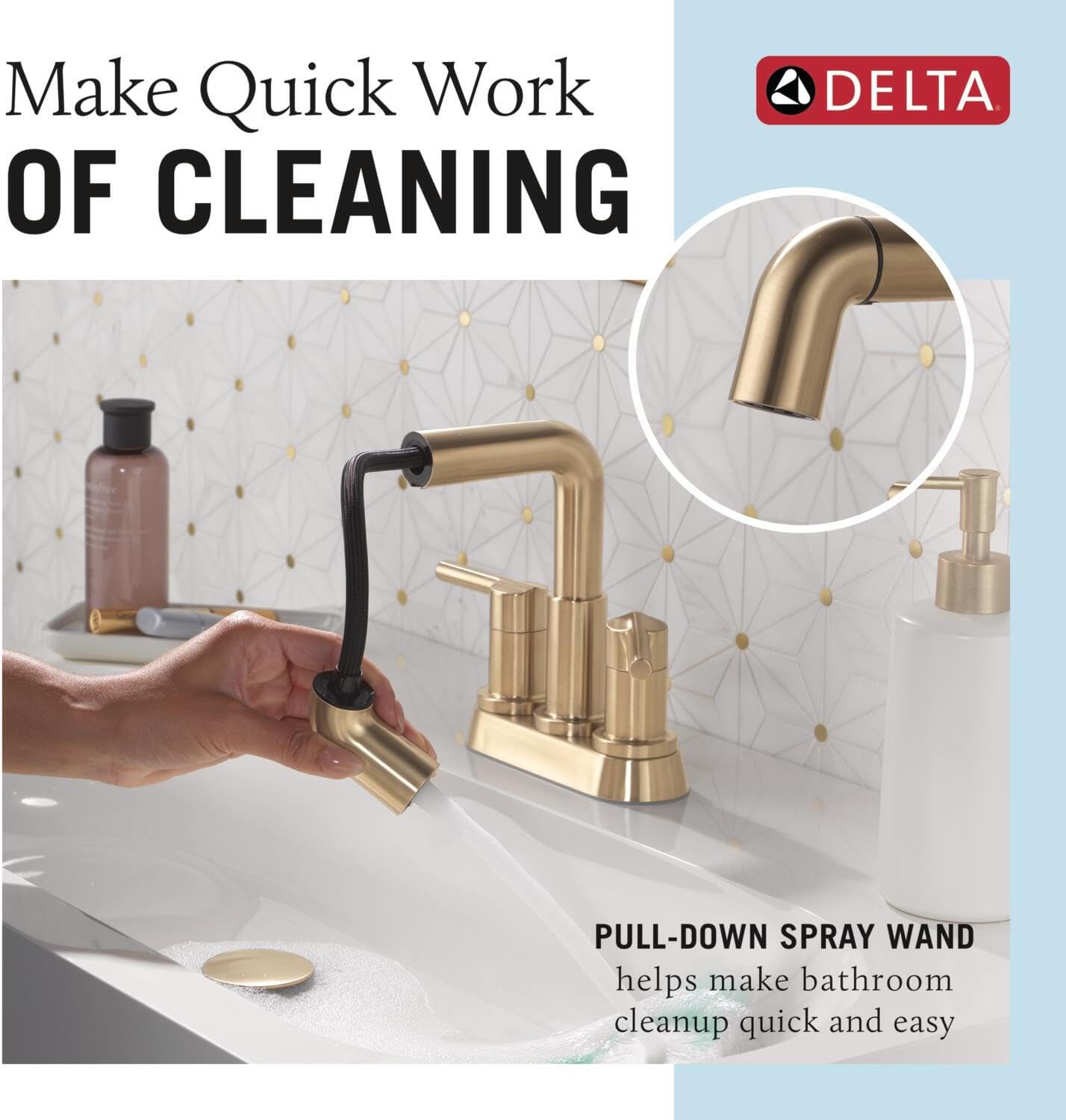 Delta Nicoli Centerset Brushed Gold Bathroom Faucet with Sprayer, 4 Inch 3 Hole Bathroom Sink Faucet with Pull Out Sprayer, Push-Pop Drain, Champagne Bronze 25849LF-CZPD