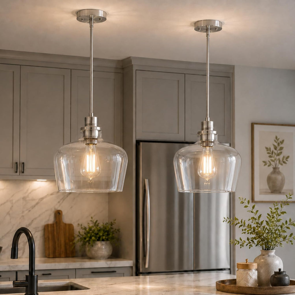 Emak 8 Inch Clear Glass Pendant Lights Kitchen Island, 2 Pack Brushed Nickel Pendant Light Fixtures, Modern Island Lights for Kitchen, Dining Room, Bar, PL122-BN-CG-2PK