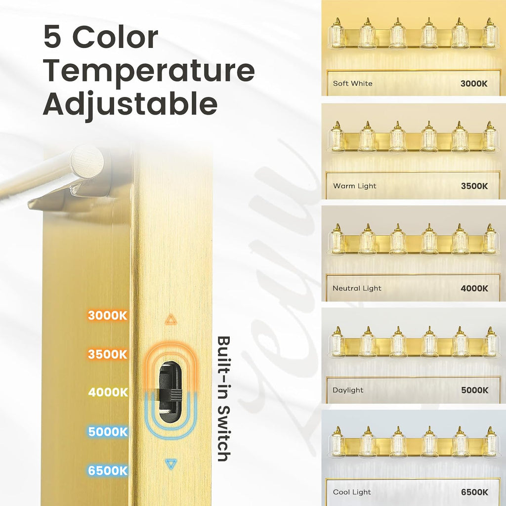 zeyu 6-Light Bathroom Wall Mounted Light, 40W Gold Bathroom Light Fixtures with 5 Color Modes, Brushed Gold Finish with Crystal Bubble and Clear Glass, ZSL72B-6W LED BG