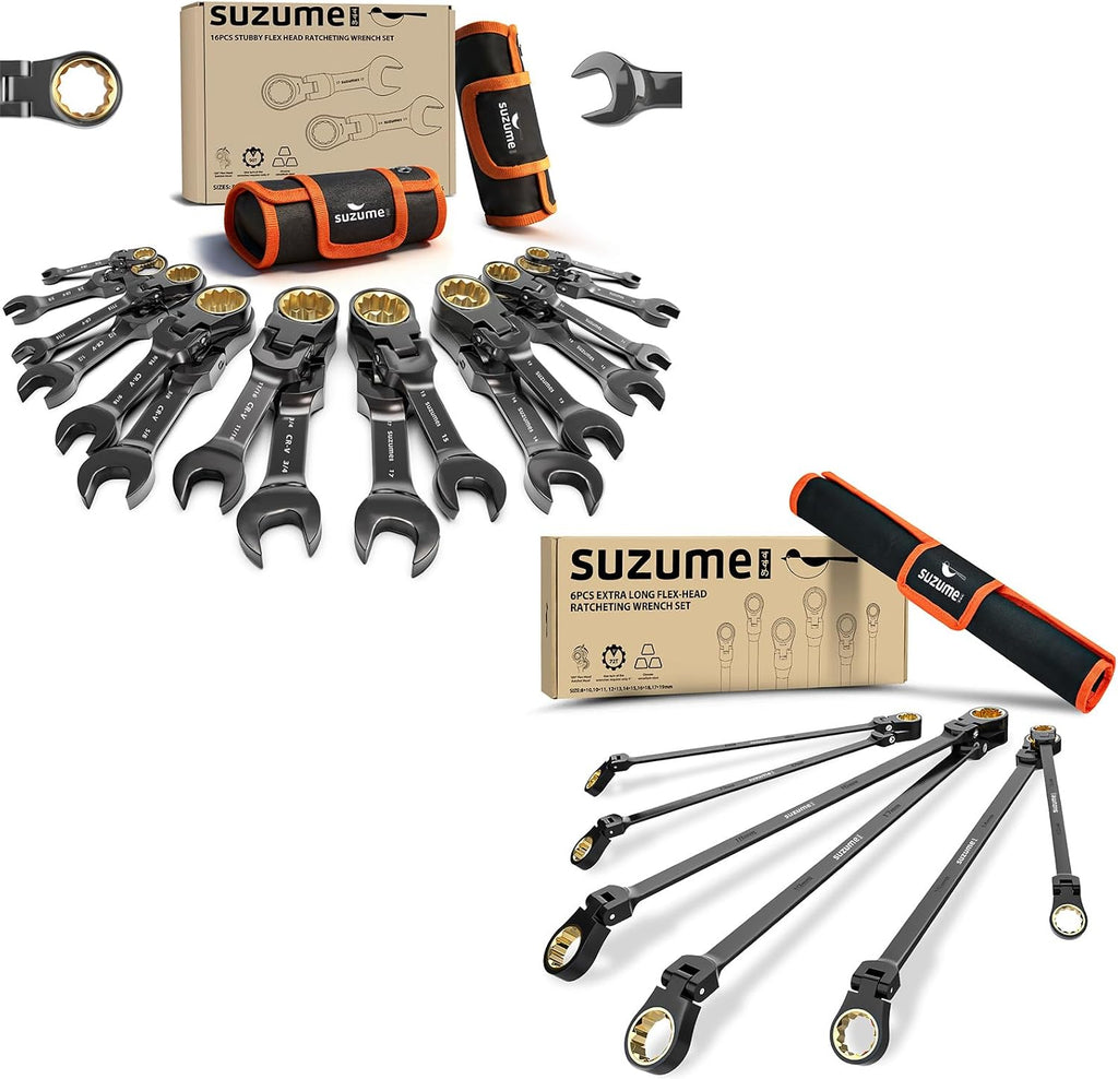 SUZUME 6PCS Extra Long Flex Head Ratcheting Wrench Set & Flex Head Stubby Ratcheting Wrench Set