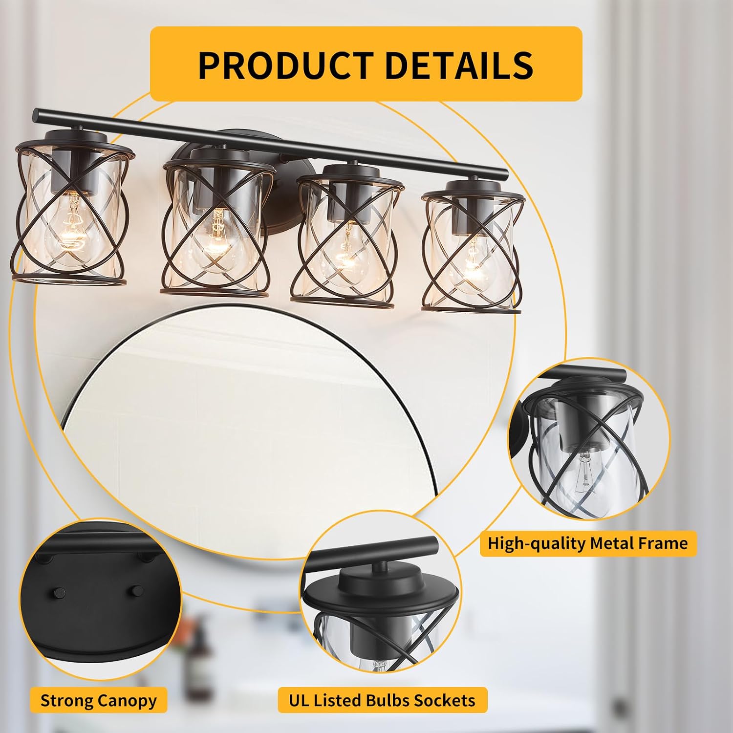 mavcadonf 4-Lights Bathroom Vanity Lights, Bathroom Light Fixtures Over Mirror, Matte Black Vanity Light, Farmhouse Wall Lights with Clear Glass Shade, Bathroom Wall Lamp for Mirror Kitchen Bedroom