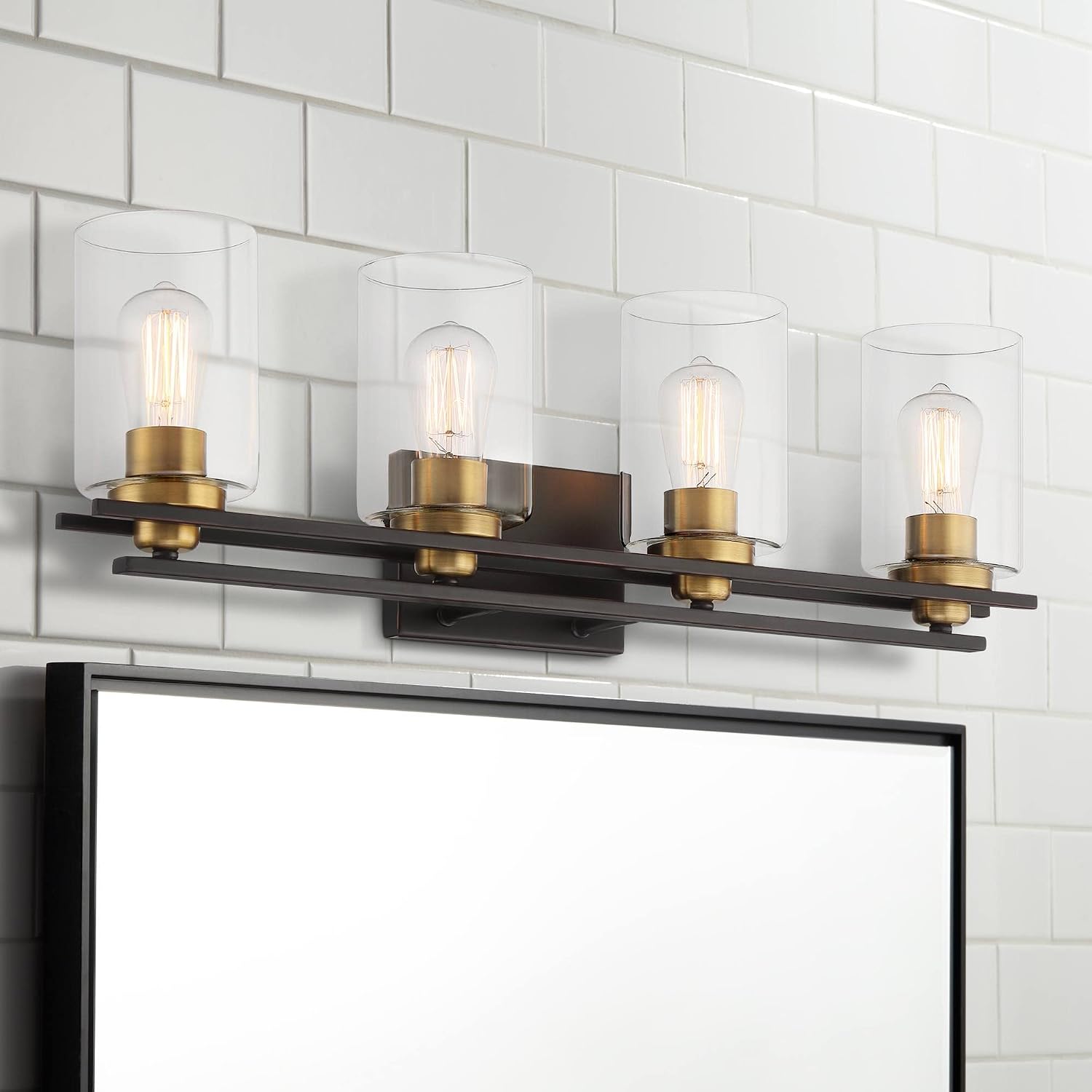 Possini Euro Design Demy Modern Industrial Wall Mount Light Oil Rubbed Bronze Gold Hardwired 27' 4-Light Fixture Clear Glass Shade for Bedroom Bathroom Vanity Living Room Home Hallway Kitchen