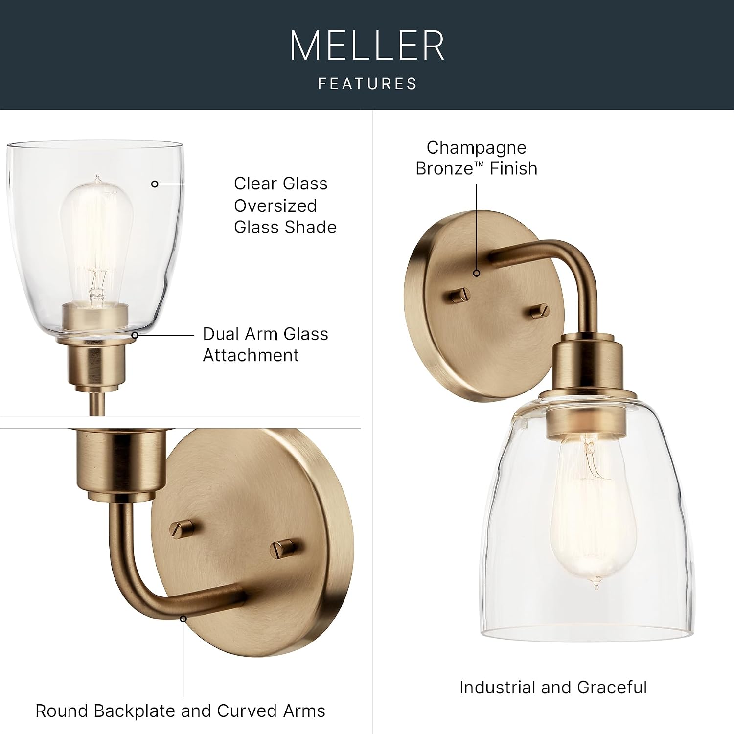 Kichler Meller 11.25 Inch Wall Light, 1 Light Exterior Wall Sconce in Champagne Bronze, (11.25' H x 5.5' W), 5100CPZ