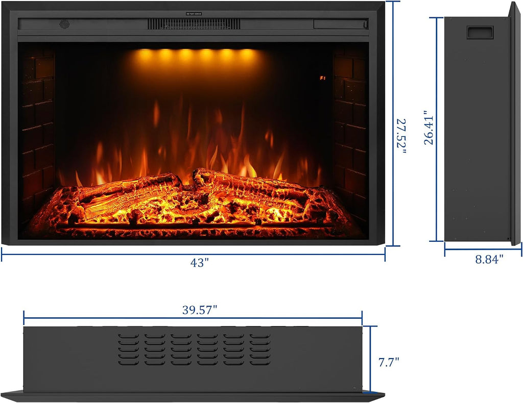 43 inch Electric Fireplace, Wall Fireplace Electric with Remote Control, Realistic Log and Crackling Sound, Overheating Protection and Timer, 750/1500W Black
