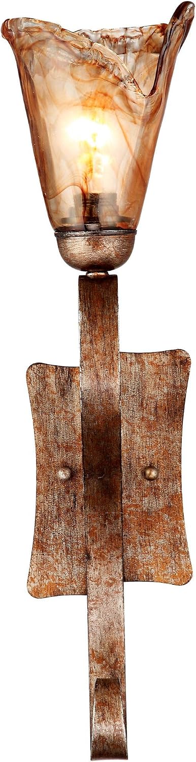 Franklin Iron Works Amber Scroll Rustic Vintage Wall Light Sconces Set of 2 Golden Bronze Metal Hardwired 23 1/2' Fixture Art Glass for Bedroom Bathroom Vanity Living Room Hallway Dining Kitchen