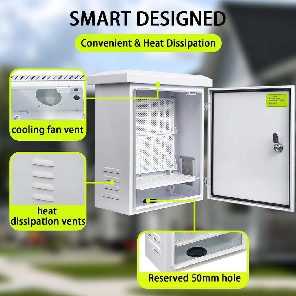 Nema Enclosure with Rain Hood Weatherproof Junction Electric Breaker Box with Fan-Vent Design Electrical Cabinet with Mounting Track Hole in Back 16X20X12