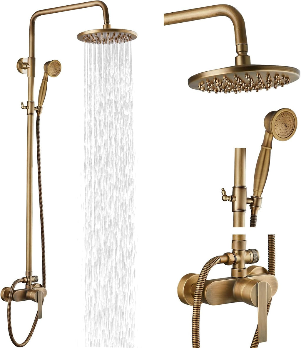 Airuida Exposed Shower System, 8 Inch Rainfall Shower Head with Handheld Spray, Single Handle Wall Mount Shower Faucet Set, Solid Brass Dual Function Exposed Pipe Fixture for Bathroom,Antique Brass