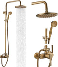 Airuida Exposed Shower System, 8 Inch Rainfall Shower Head with Handheld Spray, Single Handle Wall Mount Shower Faucet Set, Solid Brass Dual Function Exposed Pipe Fixture for Bathroom,Antique Brass
