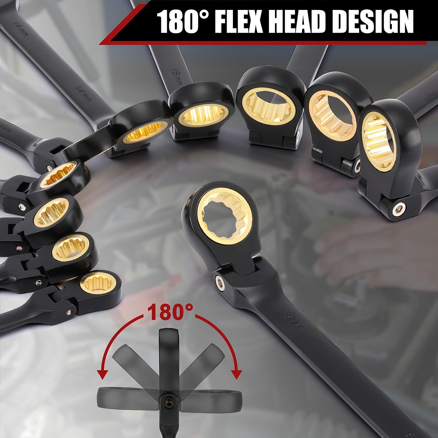 Mayouko 26PCS Flex Head Ratcheting Combination Wrench Set, SAE 1/4'-7/8' & Metric 6-22mm, 12 Point, 72 Tooth, Cr-V Steel with Black Chrome Finish