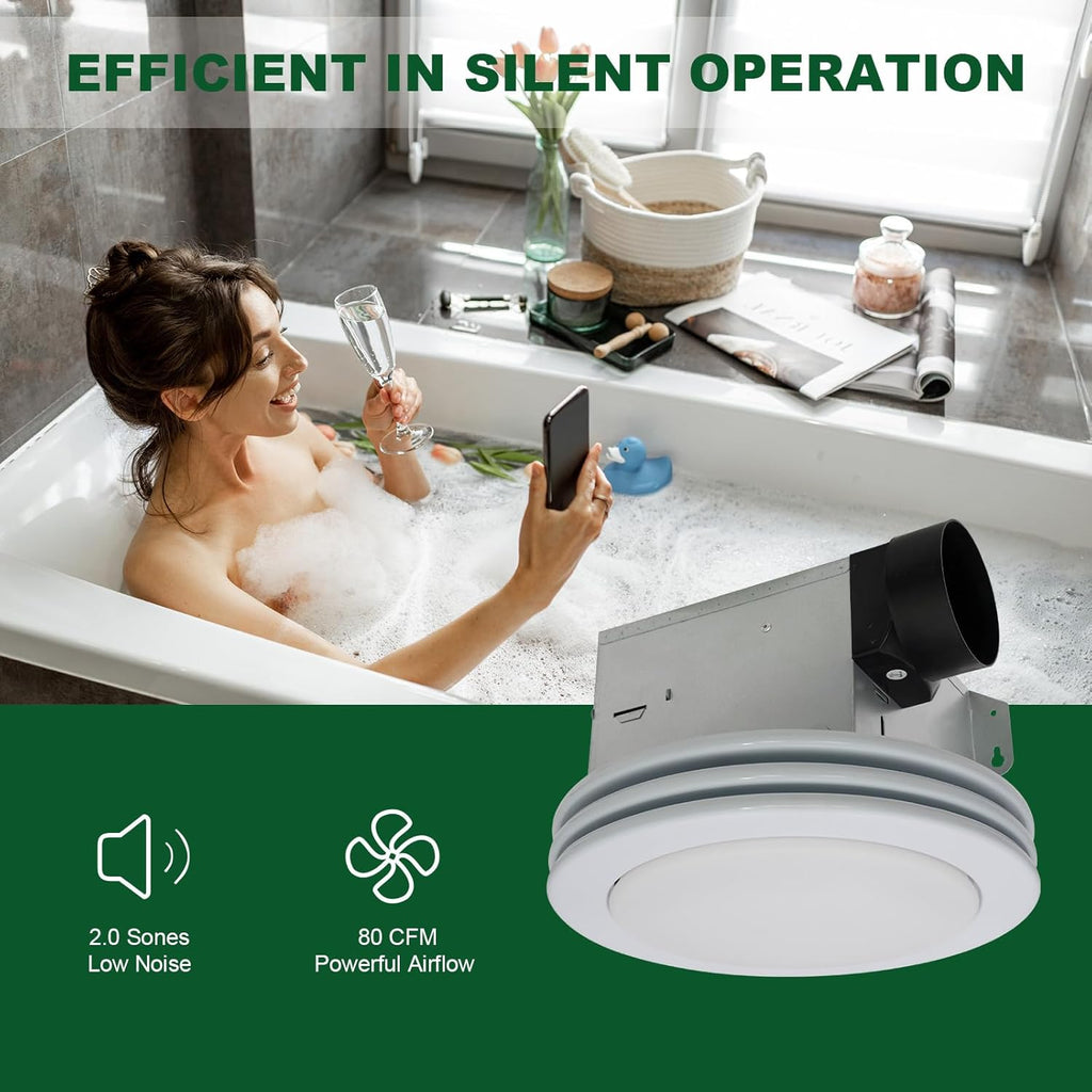 Akicon Bathroom Exhaust Fan with Light, 80CFM 2.0 Sones Round Bathroom Fan Light Combo, Dimmable 3CCT LED with Acrylic Cover for Medium Room (Satin White)