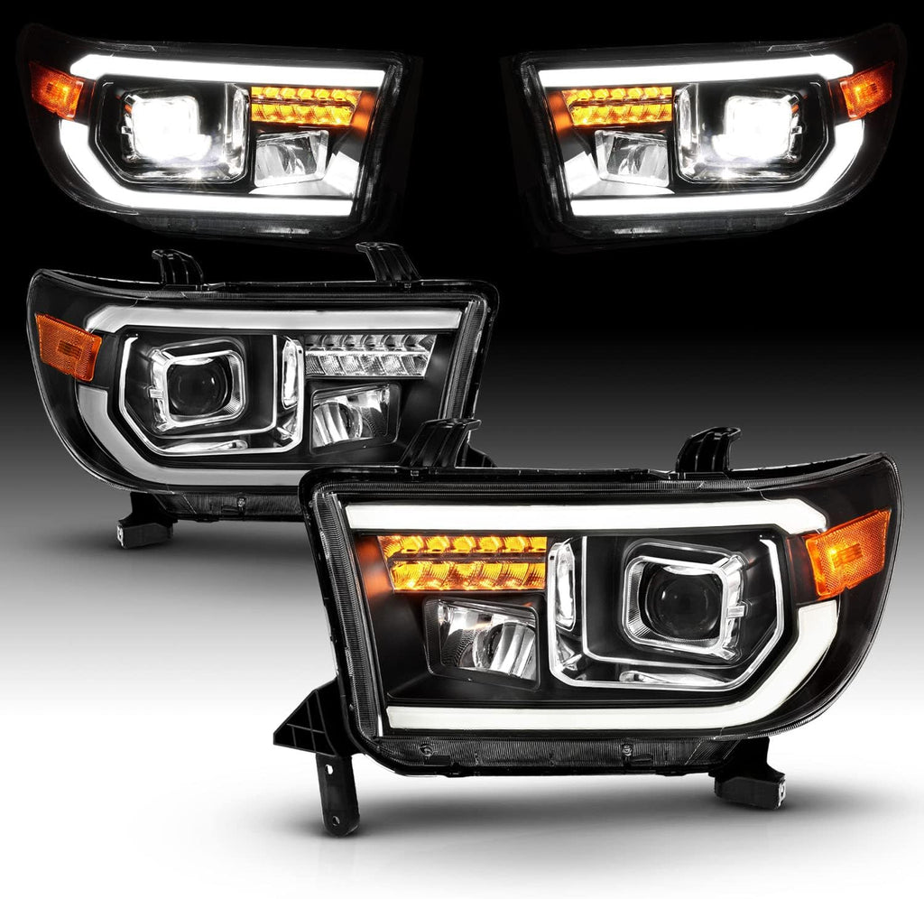 AmeriLite for 2007-2013 Toyota Tundra | 2008-2017 Sequoia [Full LED] Light Tube DRL Turn Signal Square Projector Headlight Set - Passenger and Driver Side