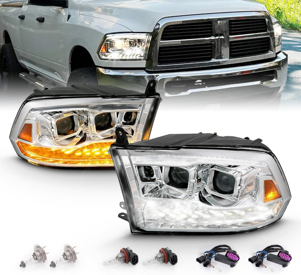 AmeriLite for 2009-2018 Dodge Ram Pickup [Quad/Projector Model] Dual Square Projector Switchback LED Tube Chrome Headlights Assembly Set - Passenger and Driver Side
