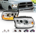 AmeriLite for 2009-2018 Dodge Ram Pickup [Quad/Projector Model] Dual Square Projector Switchback LED Tube Chrome Headlights Assembly Set - Passenger and Driver Side