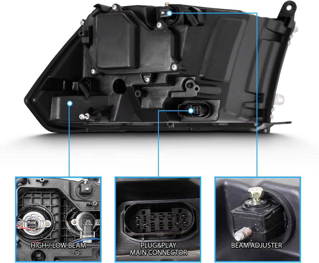 AmeriLite for 2009-2018 Dodge Ram Pickup [Quad/Projector Model] Dual Square Projector Switchback LED Tube Chrome Headlights Assembly Set - Passenger and Driver Side