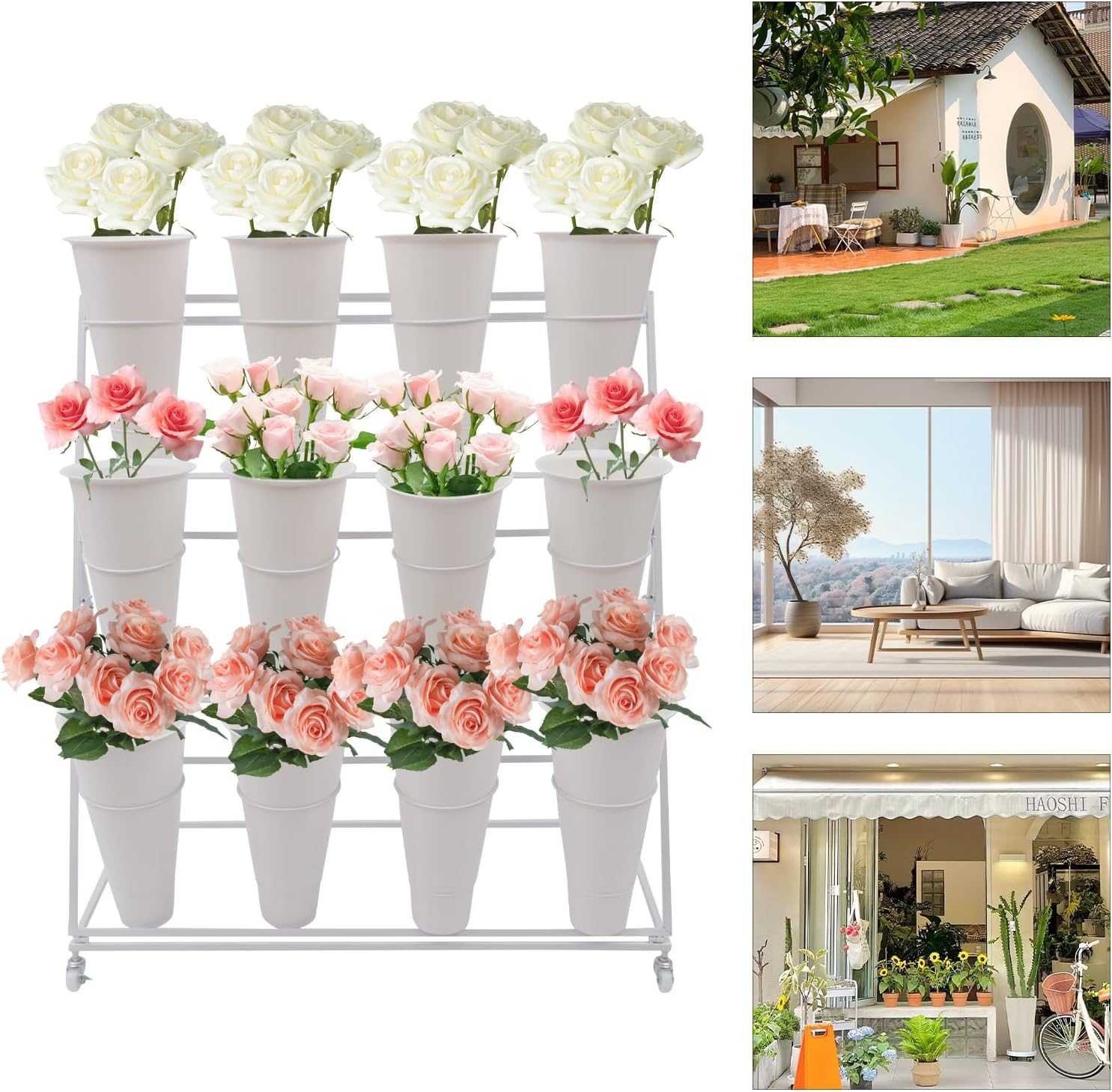 Flower Display Stand with 12Pcs White Round Buckets, 3 Layers White Metal Plant Stand with Wheels, Moving Florist Bouquet Shelf for Fresh Flowers Shop Patio Garden Outdoor Flower Pop-Up Events