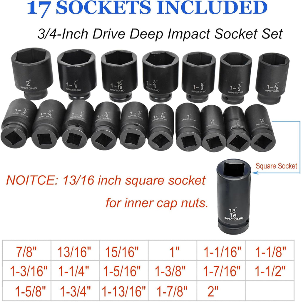 22-Pieces 3/4' DR Drive Deep Impact Socket Set, 6-Point (7/8-Inch - 2-Inch) SAE 22pc Jumbo Impact Socket Set, with Impact Adapter, Ratchet Wrench Extension Rod, Sliding Bar & Carrying Case (09090#)