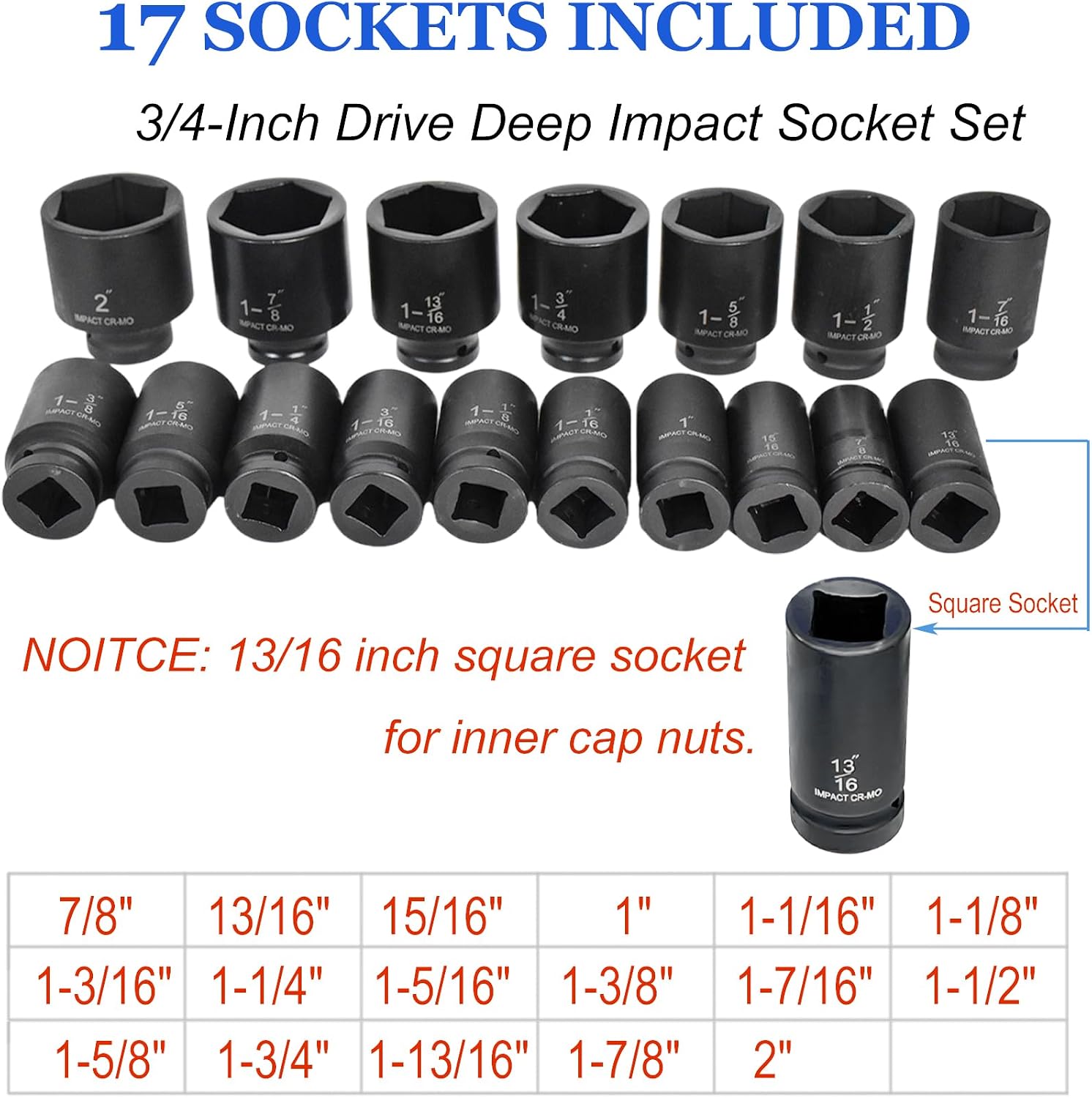 22-Pieces 3/4' DR Drive Deep Impact Socket Set, 6-Point (7/8-Inch - 2-Inch) SAE 22pc Jumbo Impact Socket Set, with Impact Adapter, Ratchet Wrench Extension Rod, Sliding Bar & Carrying Case (09090#)