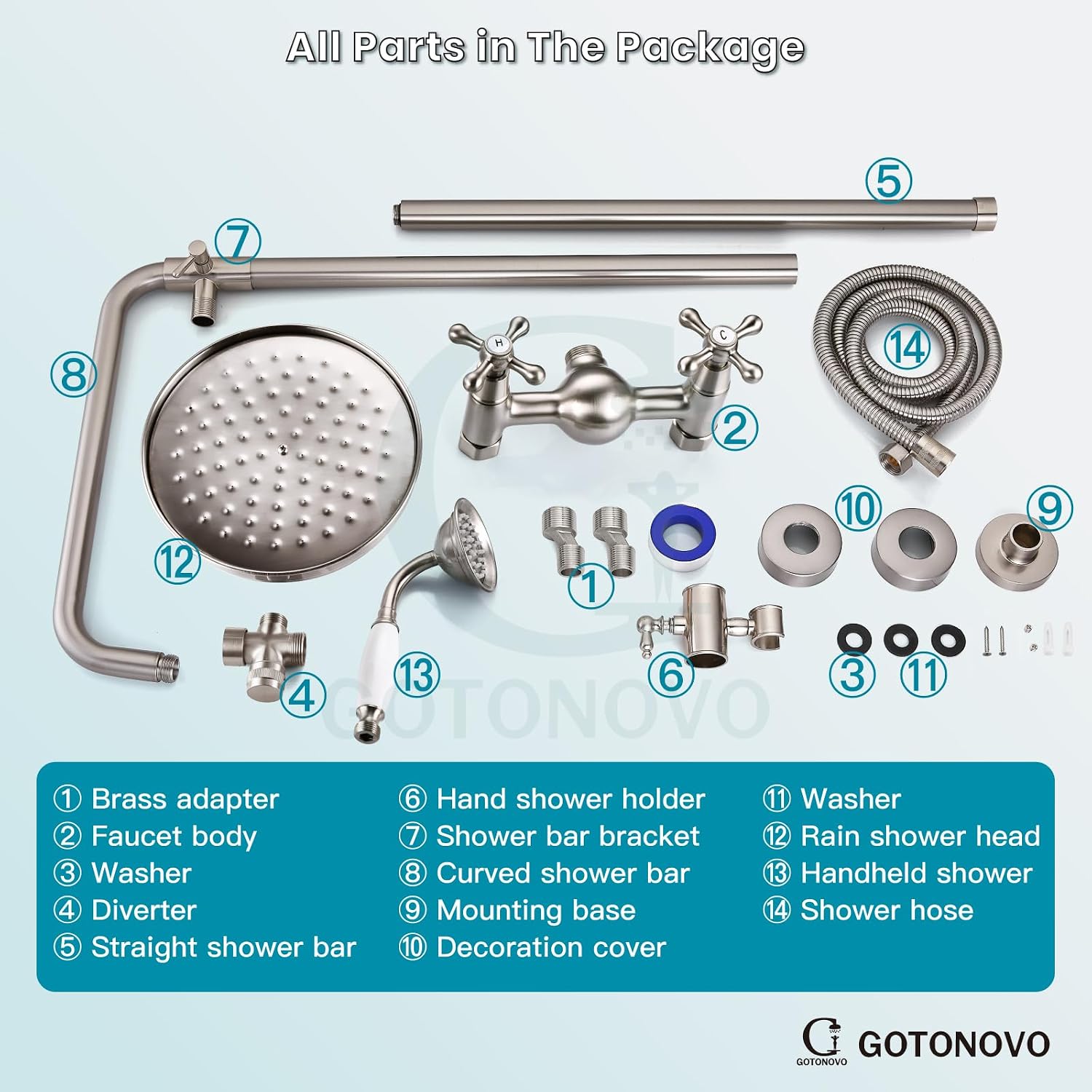 gotonovo Luxury Exposed Shower Faucet Set Bathroom Shower System 8 Inch Wall Mount Rainfall Shower Head with Handheld Spray Cross Double Handle Shower Fixture Adjustable Straight Rod Brushed Nickel