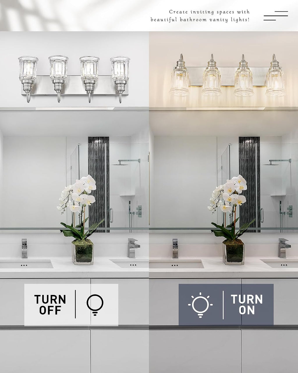 Brushed Nickel Bathroom Light, HWH 4-Light Vanity Lights for Bathroom Vanity Sconce Over Mirror, Wall Mounted Light Fixtures with Bell-Shaped Striped Glass, 5HZG106B-4W BN