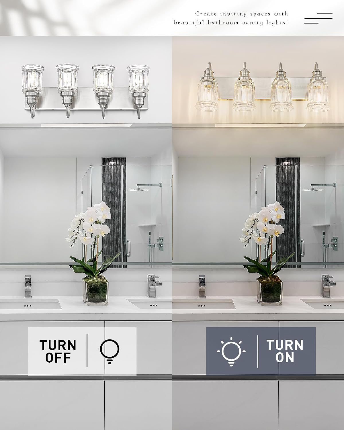 Brushed Nickel Bathroom Light, HWH 4-Light Vanity Lights for Bathroom Vanity Sconce Over Mirror, Wall Mounted Light Fixtures with Bell-Shaped Striped Glass, 5HZG106B-4W BN