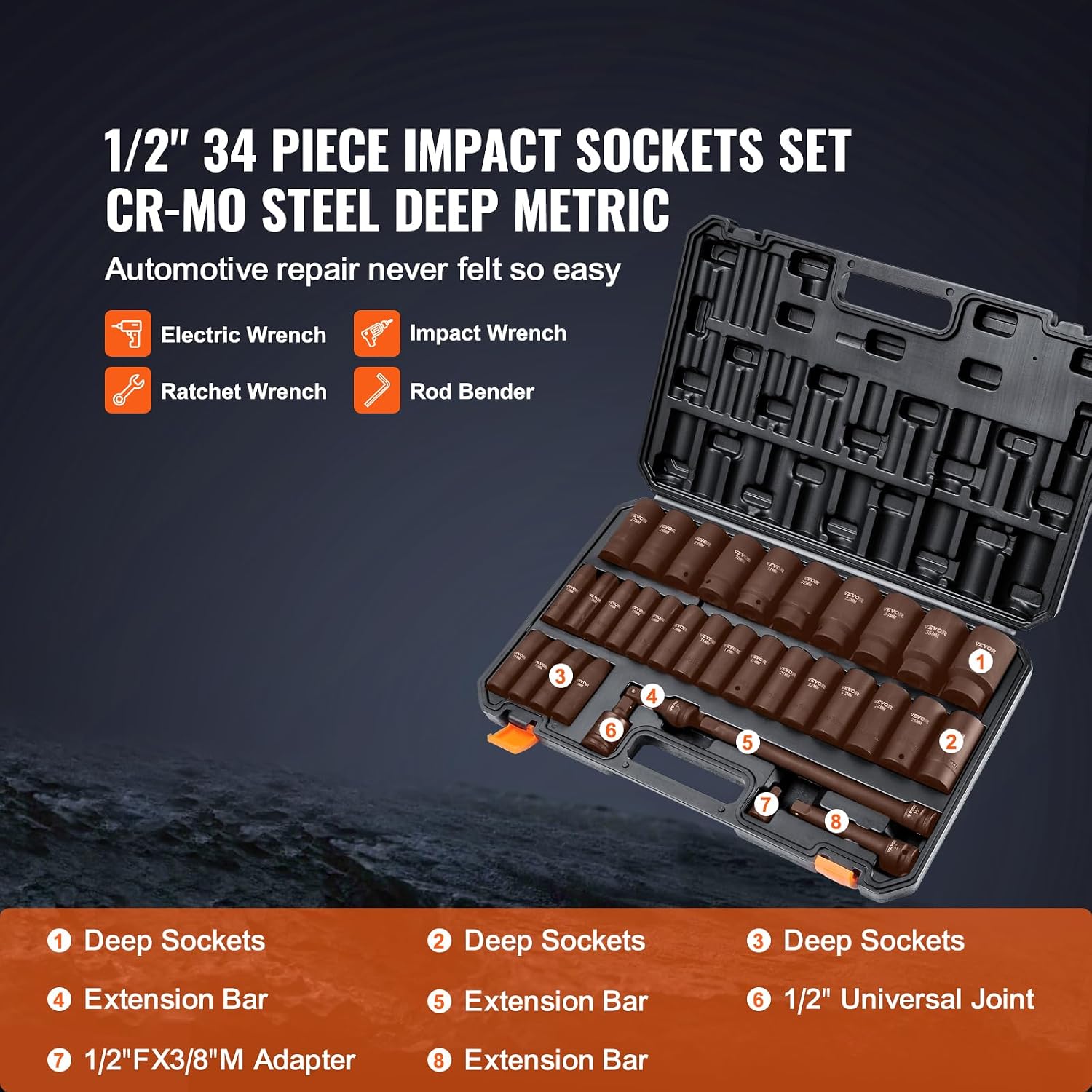 VEVOR 1/2' Drive Impact Socket Set & Impact Socket Set 1/2 Inches 26 Piece Deep Sockets