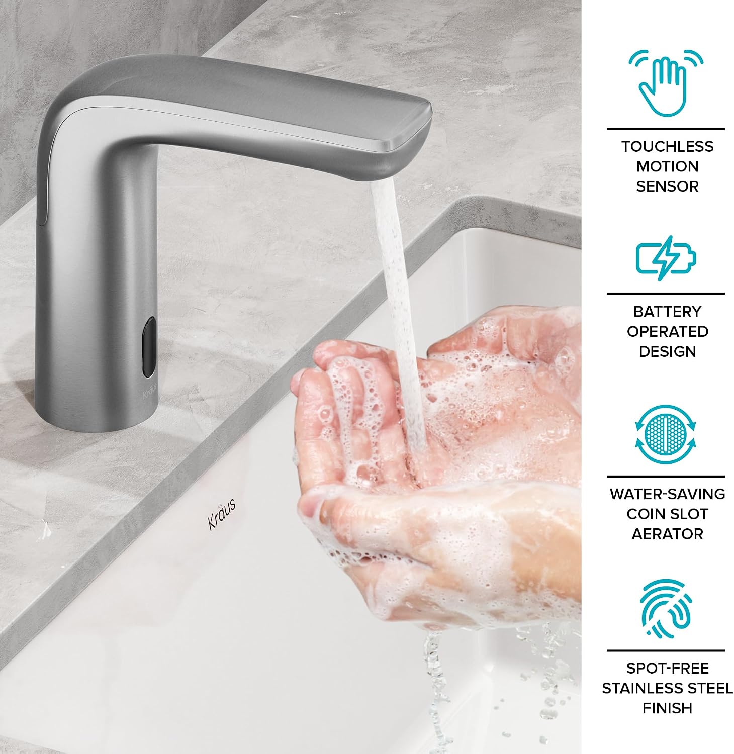 KRAUS Indy Touchless Sensor Bathroom Faucet with Control Box and Temperature Mixer in Spot Free Stainless Steel, KSB-10001SFS