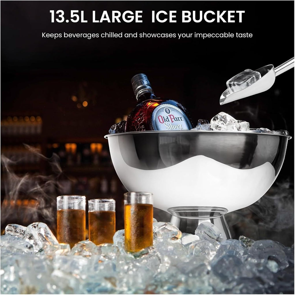 13.5L Stainless Steel Ice Bucket for Parties, Large Beverage Tub with Scoop, Insulated Drink Cooler for Weddings, Bars, and Outdoor Events