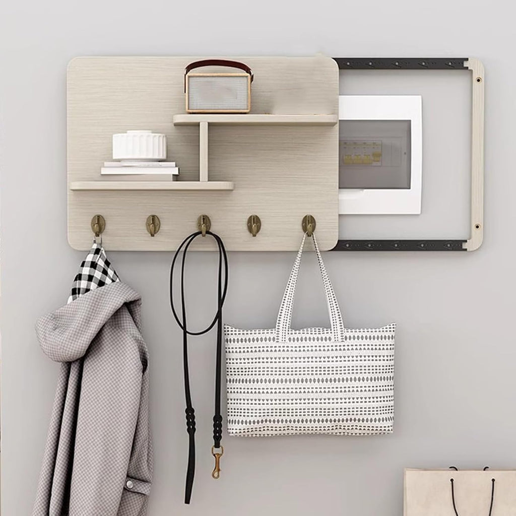 Wooden Breaker Box Cover with Shelves & Hooks, Multifunctional Indoor Fuse Box Cover for Decorative Wall, Left Sliding Meter Box Cover Farmhouse(Style/D,40x30cm(15 3/4x11 3/4'))
