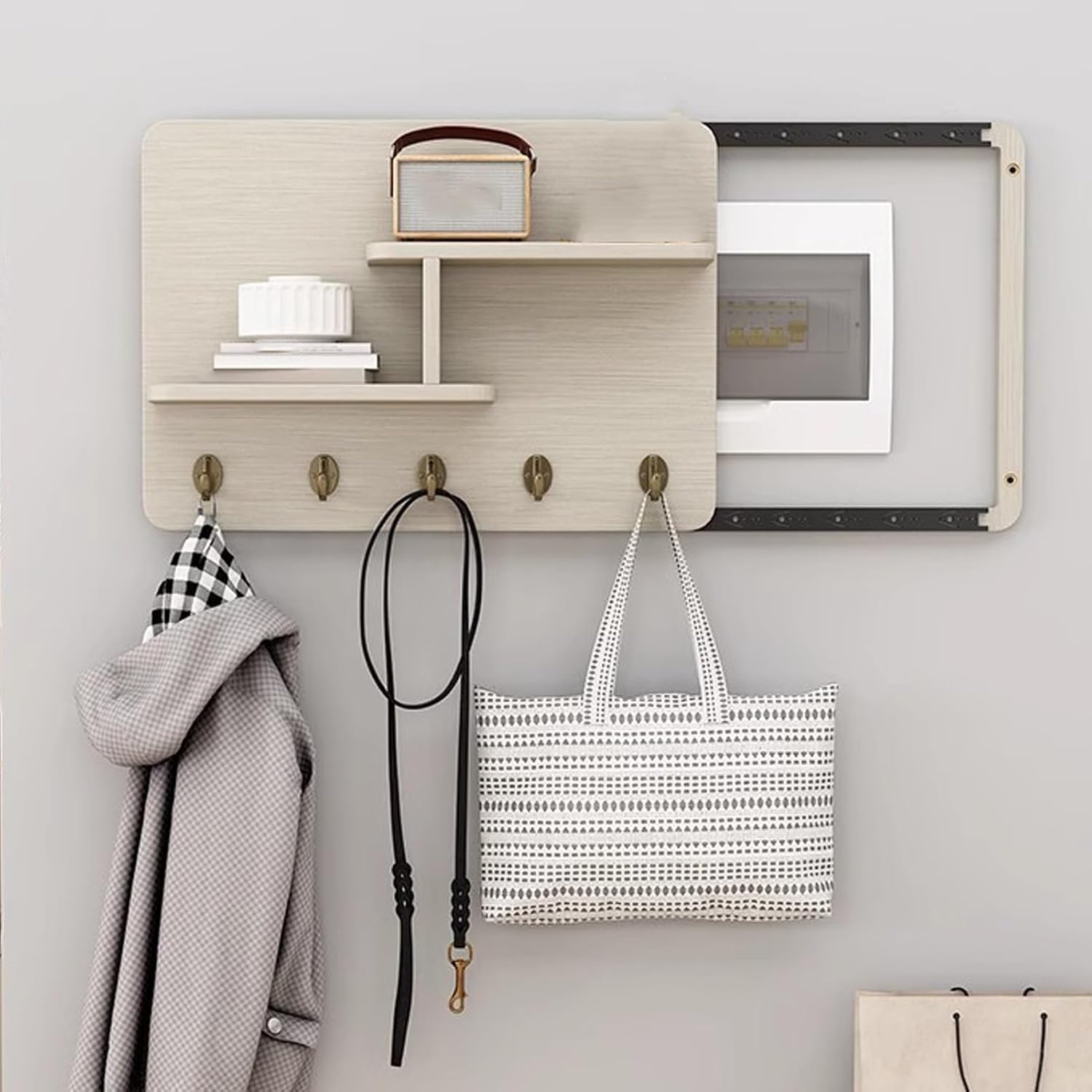 Wooden Breaker Box Cover with Shelves & Hooks, Multifunctional Indoor Fuse Box Cover for Decorative Wall, Left Sliding Meter Box Cover Farmhouse(Style/D,40x30cm(15 3/4x11 3/4'))