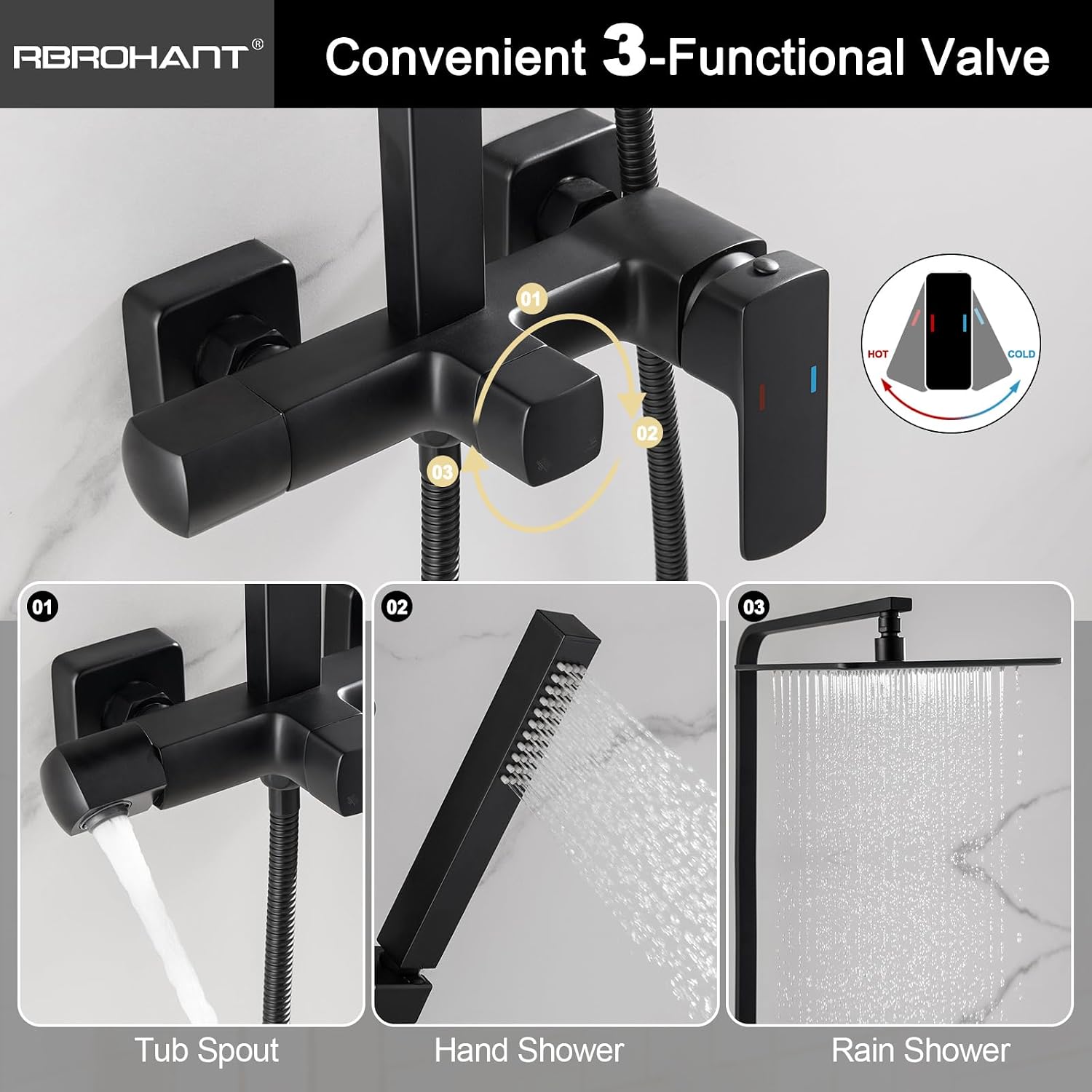 RBROHANT 3 Functions Exposed Shower System, Matte Black Exposed Shower Faucet Set, 10 Inch Rain Shower Head with Handheld and Tub Spout,Shower Height Adjustable, Wall Mounted