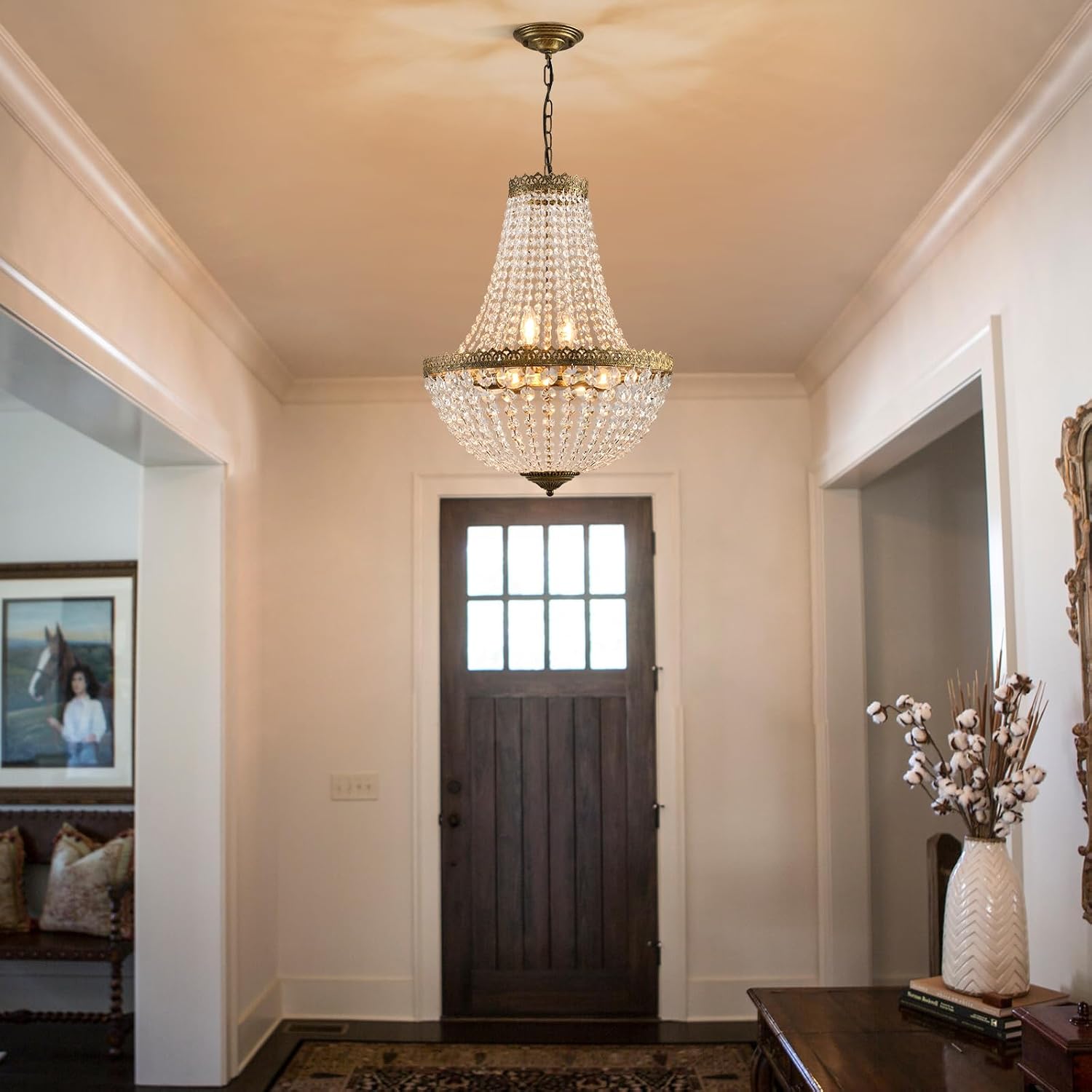 6 Lights French Empire Crystal Chandelier Farmhouse Pendant Lighting, Antique Brass Ceiling Light Fixture for Dining Room Bedroom Foyer Living Room, W18.5 x H25.6