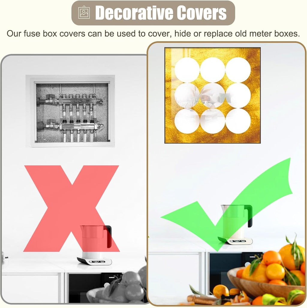 Square Breaker Box Cover with Flip-Top Lid, Decorative Wall Fuse Box Cover for Replacement, Gold Plastic Meter Box Cover with Mirror & Traceless Nails(50x50cm(19 3/4x19 3/4'))
