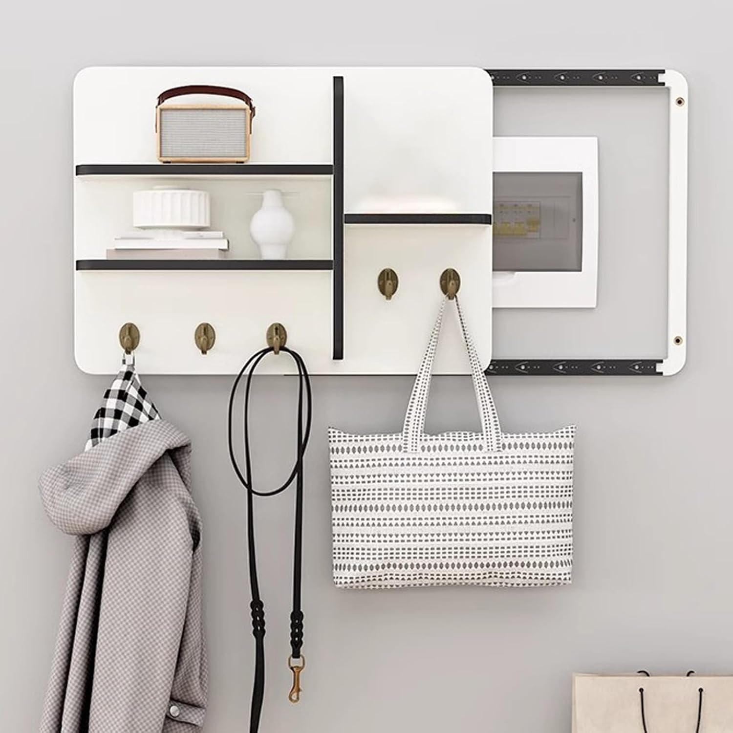 Wooden Breaker Box Cover with Shelves & Hooks, Multifunctional Indoor Fuse Box Cover for Decorative Wall, Left Sliding Meter Box Cover Farmhouse(Style/G,40x30cm(15 3/4x11 3/4'))