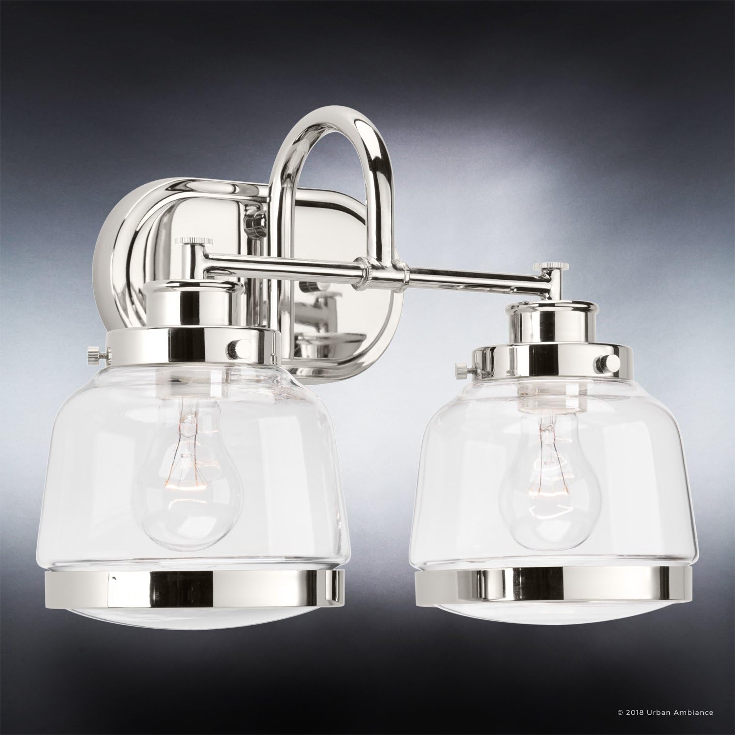 Urban Ambiance Luxury Industrial Chic Bathroom Vanity Light, Medium Size: 11.25' H x 16.25' W, with Art Deco Style Elements, Polished Nickel Finish, UHP2536, Nottingham Collection