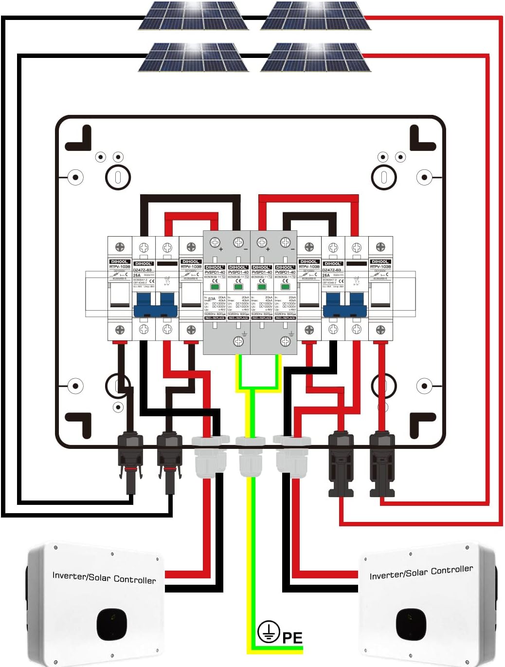 DIHOOL PV Solar Combiner Box for Solar Panels 2 String 25 Amp Junction Box DC500V 25A 2 in 2 Out