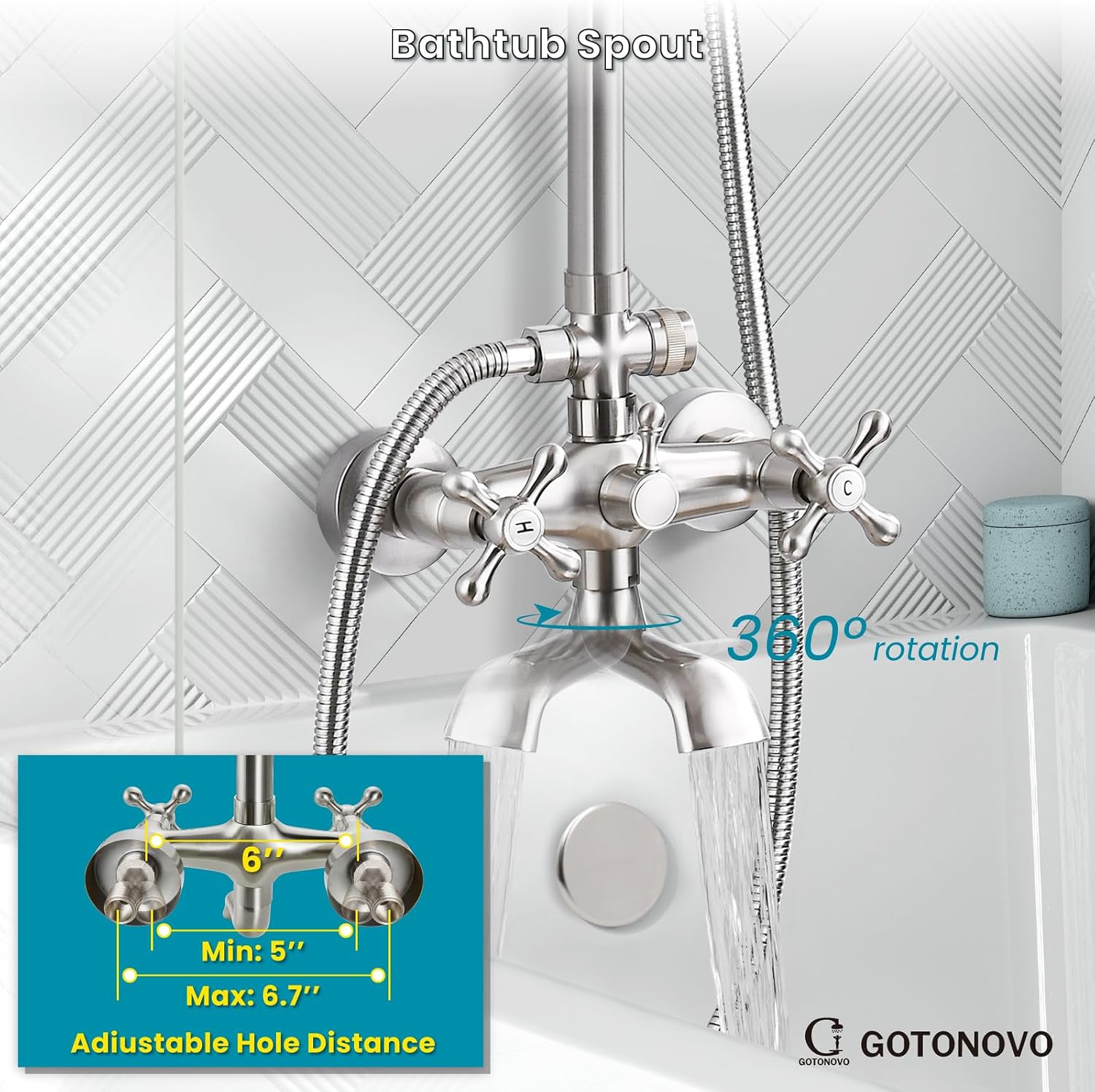 gotonovo Exposed Shower Faucet Set 8 Inch Rainfall Showerhead 3-Function Shower Fixture with Tub Spout 2 Corss Handles Shower System, Brushed Nickel