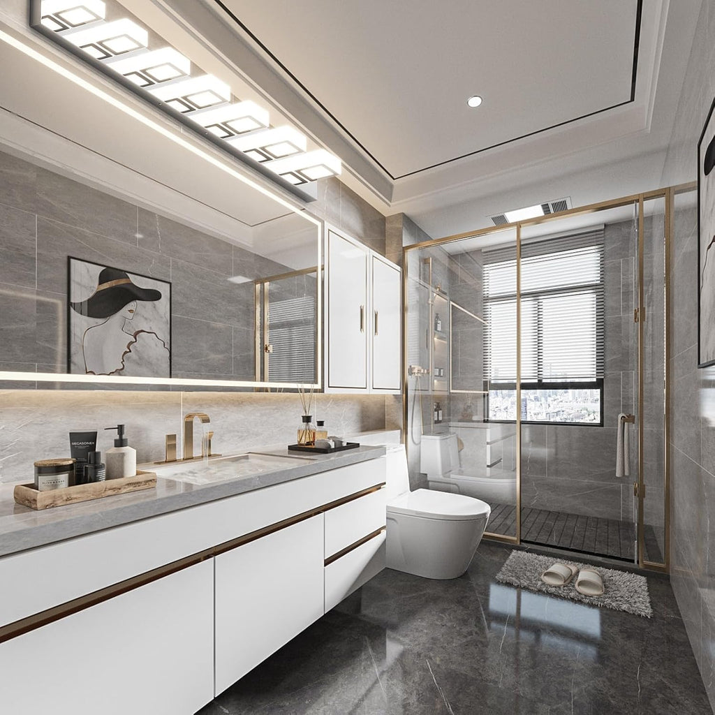 Ralbay 46' LED Chrome Vanity Lights 7 Lights Acrylic Stainless Steel LED Modern Vanity Lights Chrome Bathroom Lighting Fixtures Over Long Mirror (Natural White Light 4500K)